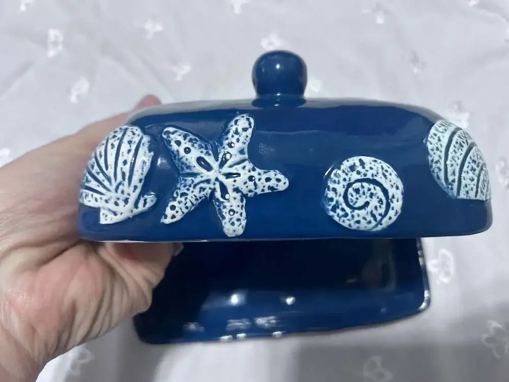 Navy Coastal Ceramic Butter Dish Seashell Starfish Embossed Detail